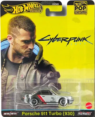 A Hot Wheels Premium Pop Culture Cyberpunk Porsche 911 Turbo (930) toy car in its packaging.