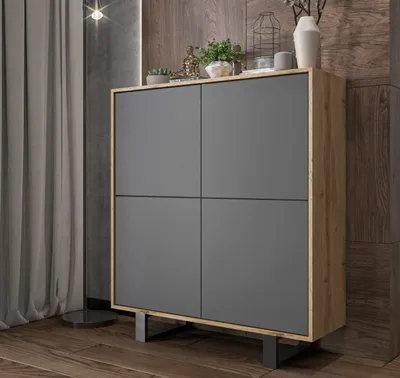 Obrázek produktu pro Komoda RTV ve stylu loft Dub Wotan Apollo 4D - Moderní - Nábytek Lindner - 113 cm , dva černé kovové rámy , Barva: dub Wotan matný - Grafitový mat
