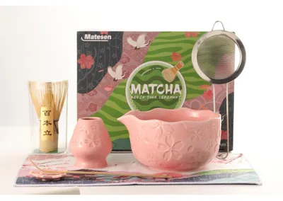 Produktbild von 7-teiliges Matcha Set Rosa Keramik Bambus Zubehör für Teezeremonie