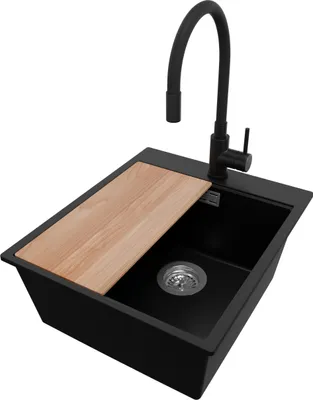 Produktbild von PRIMAGRAN Granitspüle Schwarz 43x50cm, Spülbecken 1 Becken + Küchenarmatur 40x38cm + Ablauf-Set + Schneidebrett, Küchenspüle ab 45er Unterschrank - Oslo