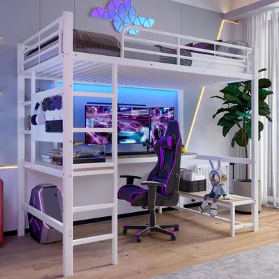 Produktbild von Hochbett mit Tisch, USB- und USB-C-Anschluss, Lochwand, Geländer, Trittleiter, mehrere Ablagen , LED-Beleuchtung, Matratze nicht enthalten, Weiß , 90x200 cm