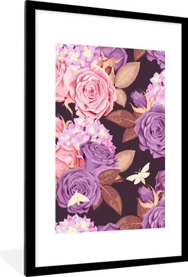 Produktbild von MuchoWow® Gerahmtes Poster Blumen - Lila - Rosa - Schmetterlinge 60x90 cm - Poster mit Schwarzem Bilderrahmen Wandposter Rahmen Foto Bilder - Dekoration - Wandposter Wohnzimmer - Hochwertig