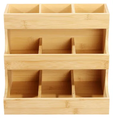 Produktbild von Bambus Teebeutel Aufbewahrung - Aufbewahrungsbox/Organizer - 3 Ebenen - 9 Fächer - 27x17,5x24 cm - Arbeitsplatte Küche/Büro - Holzfarbe