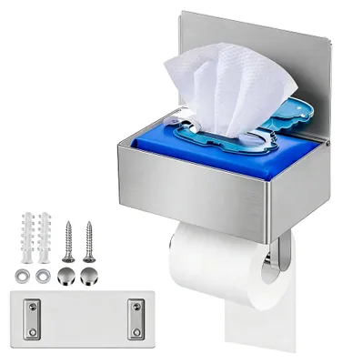 Produktbild von Toilettenpapierhalter mit Feuchttücherbox und Ablage - Ohne Bohren, Edelstahl WC Rollenhalter für Badezimmer, Küche und Gäste-WC