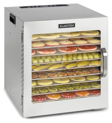 Produktbild von Klarstein Captain Jerky 110 Dörrautomat, 1000 W, Temperatur: 30-90 °C, 24-Stunden-Timer, BPA-frei, Touch-Bedienfeld, 10 Einschübe, Glastür, Edelstahl Dörrgerät für Obst, Gemüse, Auffangblech, silber