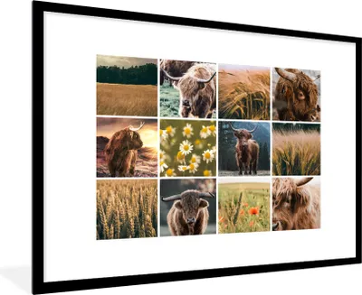 Produktbild von MuchoWow® MuchoWow® Gerahmtes Poster Schottisches Hochlandrind - Collage - Blumen - Garten 90x60 cm - Poster mit zchwarzem Bilderrahmen - Wanddekoration - Fotos