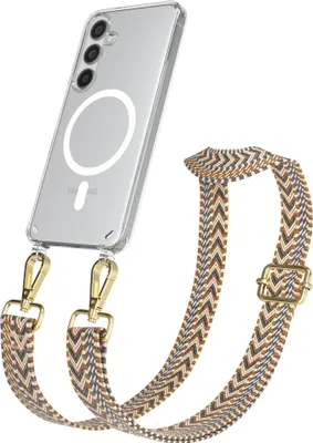 Produktbild von EAZY CASE - Handykette mit MagSafe Hülle für Samsung Galaxy S24, Handyband ZigZag Style,Karabiner Gold, Umhängeband in Braun