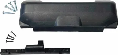 A black plastic hinge and screws are laid out on a white background.