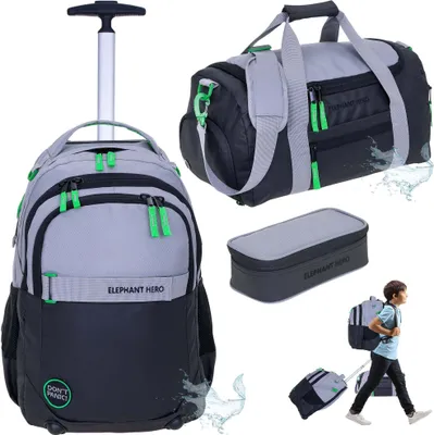 Produktbild von Schultrolley 3 Teile Set Elephant Hero Signature Trolley Rucksack Rollen Schultasche Trolly Sporttasche Mäppchen Box 13048 Color Block Grau Grün tsm