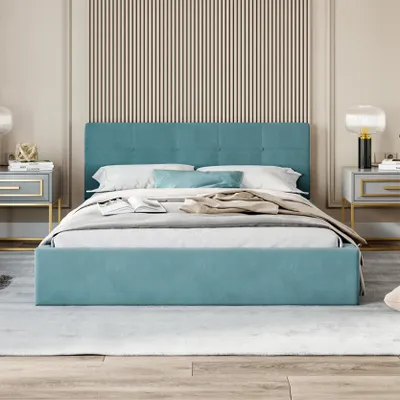 Produktbild von FDM Bett VEGAS Trinity 140x200 cm Polsterbett mit Lattenrost aus Metall Bettkasten Stauraumbett Samt türkis