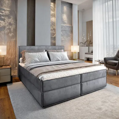 A modern bedroom with a large bed, nightstands, and a chair.