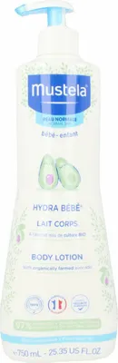 A bottle of Mustela Hydra Bebe Body Lotion.