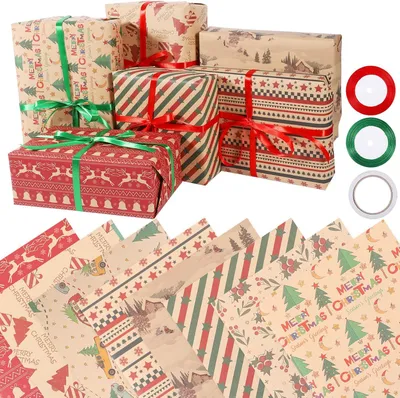 A collection of Christmas-themed gift wrapping paper and ribbons.
