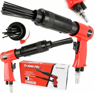 A collage of images showing a needle scaler tool and its packaging.