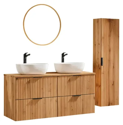 Produktbild von Badezimmer-Set NOXERA 120 cm – Wotan-Eiche – 2 Aufsatzwaschbecken, Hochschrank und LED-Spiegel