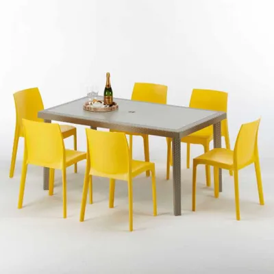 Produktbild von Polyrattan Tisch Rechteckig mit 6 Bunten Stühlen 150x90 Beige Marion