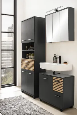Produktbild von Badmöbel Set 3-teilig, 65 cm Waschbeckenunterschrank, anthrazit, Akustikpaneel-Optik KANE-80