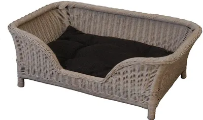 Produktbild von KRINES HOME Großer Rattan Hundekorb geflochten Hundebett Rattan Korb Hund Hundecouch hoch mit Kissen (Vintage Weiss)