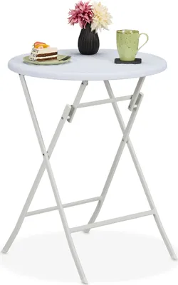 Produktbild von Relaxdays Gartentisch Rattan-Optik, rund, HxD: 75 x 60 cm, Balkontisch, Kunststoff & Metall, Outdoor Tisch, weiß