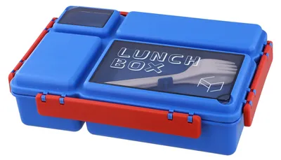 Lunchbox mit 4 Fächern, Besteck, 500 ml, rot/blau
