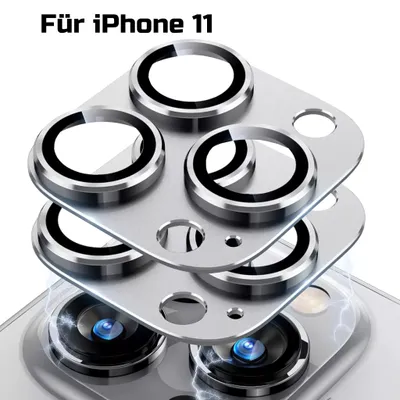 A product shot of camera lens protectors for an iPhone 11, stacked on top of each other and angled to show the details.