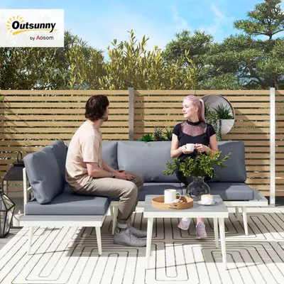 Image de Ensemble de jardin en 3 pièces pour 4 personnes, mobilier de balcon résistant aux intempéries comprenant une banquette, des coussins et une table