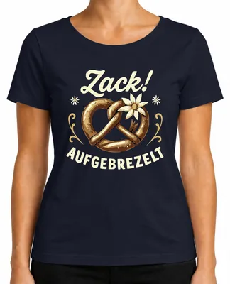 Imagen del producto de Camiseta para mujer con motivos de : Bretzel, traje tradicional, Edelweiss, ambiente festivo. Color azul marino, talla XXL