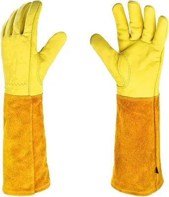 Immagine prodotto di Guanti da giardinaggio - Taglia L - 42 cm - per donna/uomo - resistenti alle spine - guanti lunghi in pelle - guanti protettivi - per potare rose/pulire camini - colore giallo