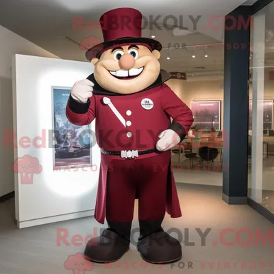Produktbild von Maskottchen REDBROKOLY eines kastanienbraunen Zirkusdirektors mit Rashguard und Krawattennadeln