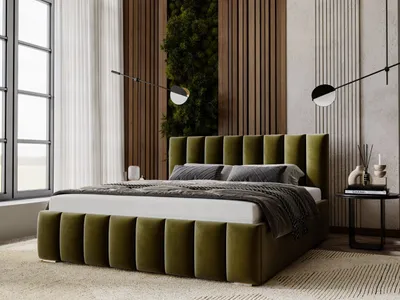 A modern bedroom with a dark green upholstered bed as the focal point, set against a backdrop of wood paneling and a vertical garden.