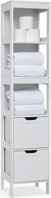 Image de Meerveil Armoire haute, armoire de salle de bains, commode de salle de bains, avec 2 tiroirs et 3 étagères ouvertes, blanc