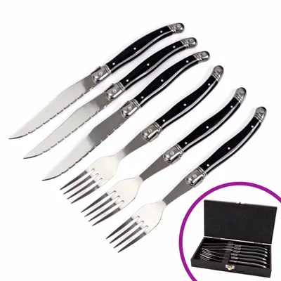Produktbild von Lacers PurpleLine Steakbesteck Set 6-teilig mit eleganter schwarzen Holzbox, rostfreiem Edelstahl, Grillbesteck