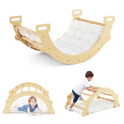 A collage of three images showing a wooden climbing arch and rocker for children, with a baby and a young boy interacting with it.
