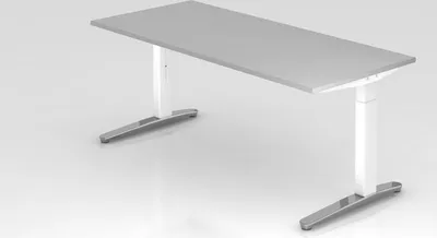 Produktbild von Schreibtisch Mika | Grau | Weißes Gestell poliert | BxT 180x80cm | Arbeitshöhe 65-85cm | höhenjustierbar, 1cm Raster | C-Fuß-Gestell | Rechteckform