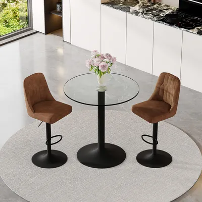 Produktbild von 3-teiliges Bar-Set Bartisch 89cm Sicherheitsglas schwarz Metall 2 Barhocker braun Stoff 360° höhenverstellbar modern skandinavisch Braun