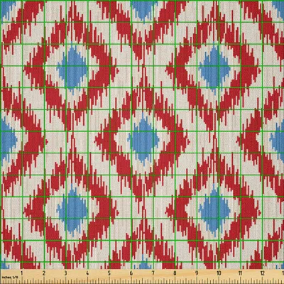 Produktbild von ABAKUHAUS Ikat Microfaser Stoff als Meterware , Wiederbelebung-Muster-klassische Diamant-Linie Muster mit traditionellen Gestaltungselementen, 2 M (230 x 200 cm), Rot Blau Beige