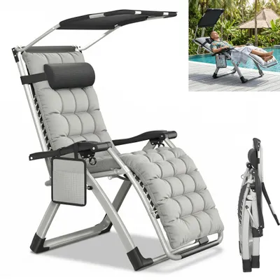 Produktbild von XMTECH Relaxliege Saunaliege klappbar mit Sonnendach, verstellbar 90–170°, mit Polster Kissen Getränkehalter Seitentasche, für Garten Camping, Hellgrau