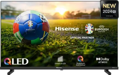 A television screen displaying a soccer ball on a grassy field with promotional text and logos.