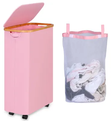 Immagine prodotto di Cesto portabiancheria con coperchio e ruote, 75 litri, rosa