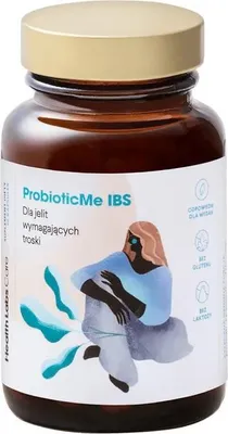 A bottle of HealthLabs ProbioticMe IBS supplements against a white background.