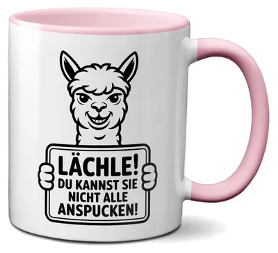 Produktbild von TassenKing Alpaka Tasse mit Spruch „Lächle! Du kannst sie nicht alle anspucken“ Lustige Kaffeetasse 330ml Keramikbecher – Ideale Geschenkidee für Kollegen & Freunde (rosa)