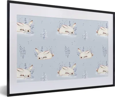 Produktbild von MuchoWow® Gerahmtes Poster Winter - Kaninchen - Muster 60x40 cm - Poster mit Schwarzem Bilderrahmen Wandposter Rahmen Foto Bilder - Schlafzimmer - Plakat in Rahmen - Drucken