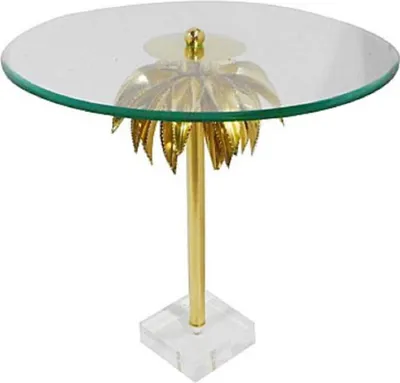 Produktbild von Casa Padrino Designer Beistelltisch Palme Messing Ø 55 x H. 55 cm - Runder Stahl Tisch mit Glasplatte und Acryl Fuß - Wohnzimmer Möbel