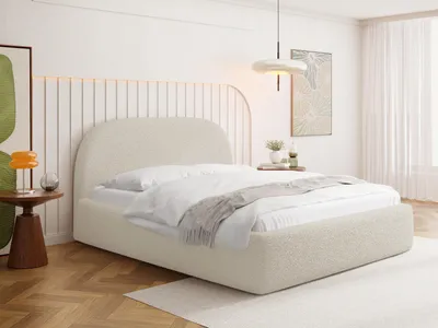 Produktbild von Polsterbett 180 x 200 cm mit Bettkasten & Metall-Lattenrost – Modernes Doppelbett mit hohem Kopfteil – Bettgestell mit Stauraum, ohne Matratze – Creme Boucle