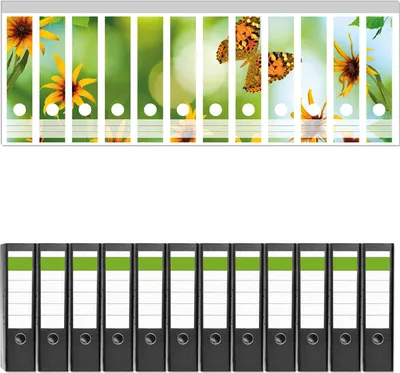 Produktbild von Wallario 12 Stück breite Ordner inkl. Klebeetiketten mit Motive Blumen mit Schmetterling -  Set mit Rückenschildern / Ordnerrücken Stickern