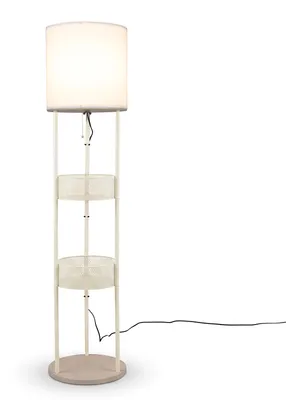 Produktbild von COSTWAY Stehlampe 158cm, Stehleuchte mit Leinen-Lampenschirm, Zugschalter, Regale, Aufbewahrungskorb & stabiler Holzsockel, Leselampe Standlampe