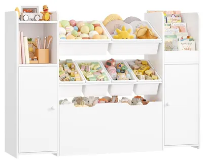 Immagine prodotto di Scaffale per bambini con 7 contenitori, colore bianco. Libreria e contenitore per giocattoli