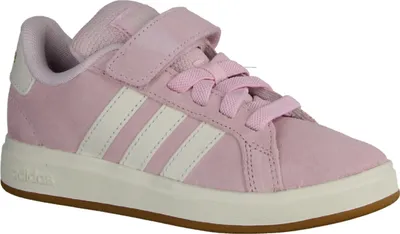 A single pink Adidas sneaker is shown from the side against a white background.