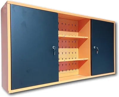 Obrázok produktu pre METALLMOBELL – Kovový úložný box, 120x60x20 cm, s kovovými policami, nástennou tabľou na náradie a zámkom. Uzamykateľná archívna skriňa, kovová skriňa do dielne. Uzamykateľná skriňa – MB03