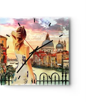 Produktbild von Wanduhr - Quadrat - Glasuhr - Venedig Brücke Wasser - 30x30cm - Schleichendes Uhrwerk - Lautlos - zum Aufhängen bereit - Dekoration Modern - Wanddekoration aus Glas - C3AC30x30-3495